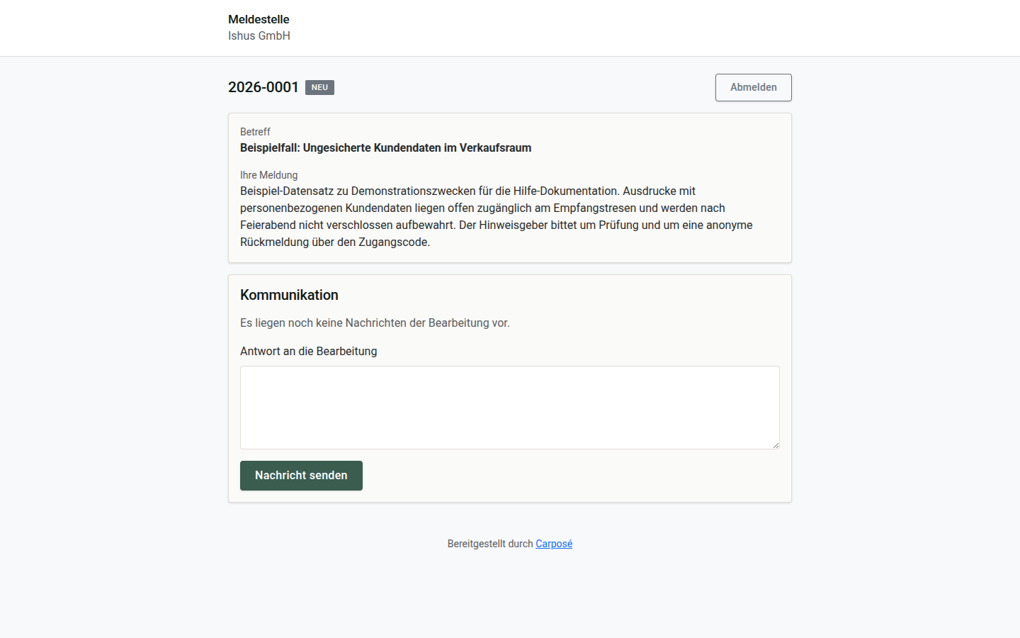 Status-Portal des Hinweisgebers mit Meldungsstatus und Antwortmöglichkeit
