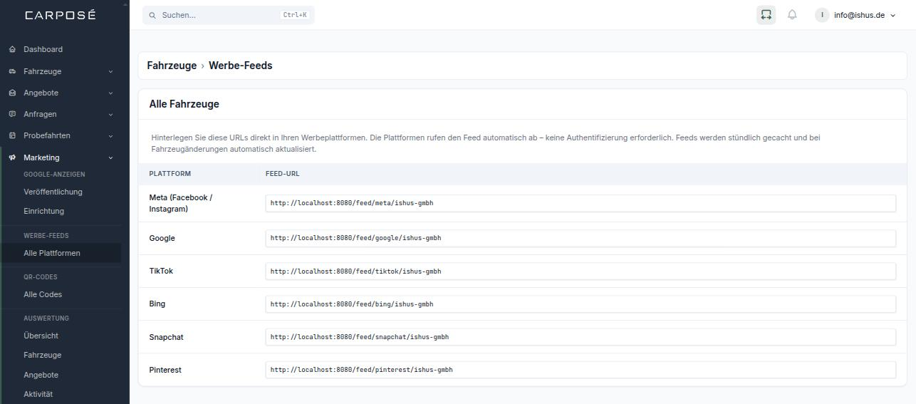 Werbe-Feeds-Übersicht mit Plattform-URLs