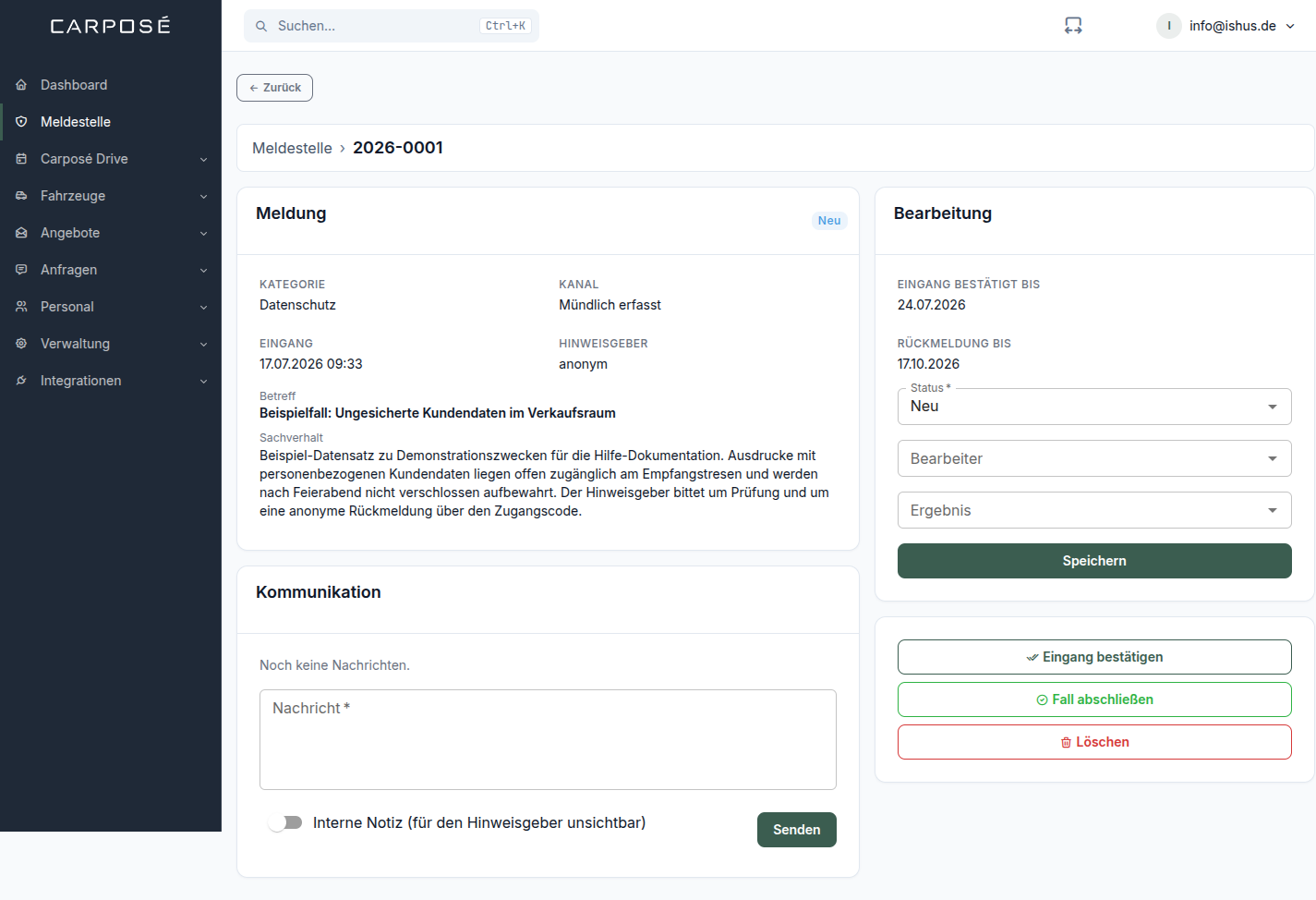Detailansicht eines Meldungsfalls mit Fristen, Kommunikation und Bearbeitung