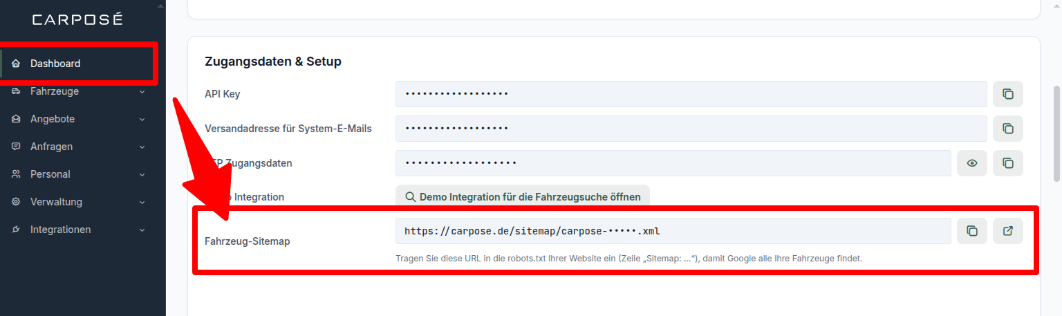 Fahrzeug-Sitemap-Adresse im Dashboard