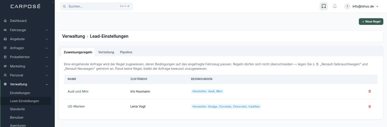 Zuweisungsregeln mit Name, zuständiger Person und Bedingungen