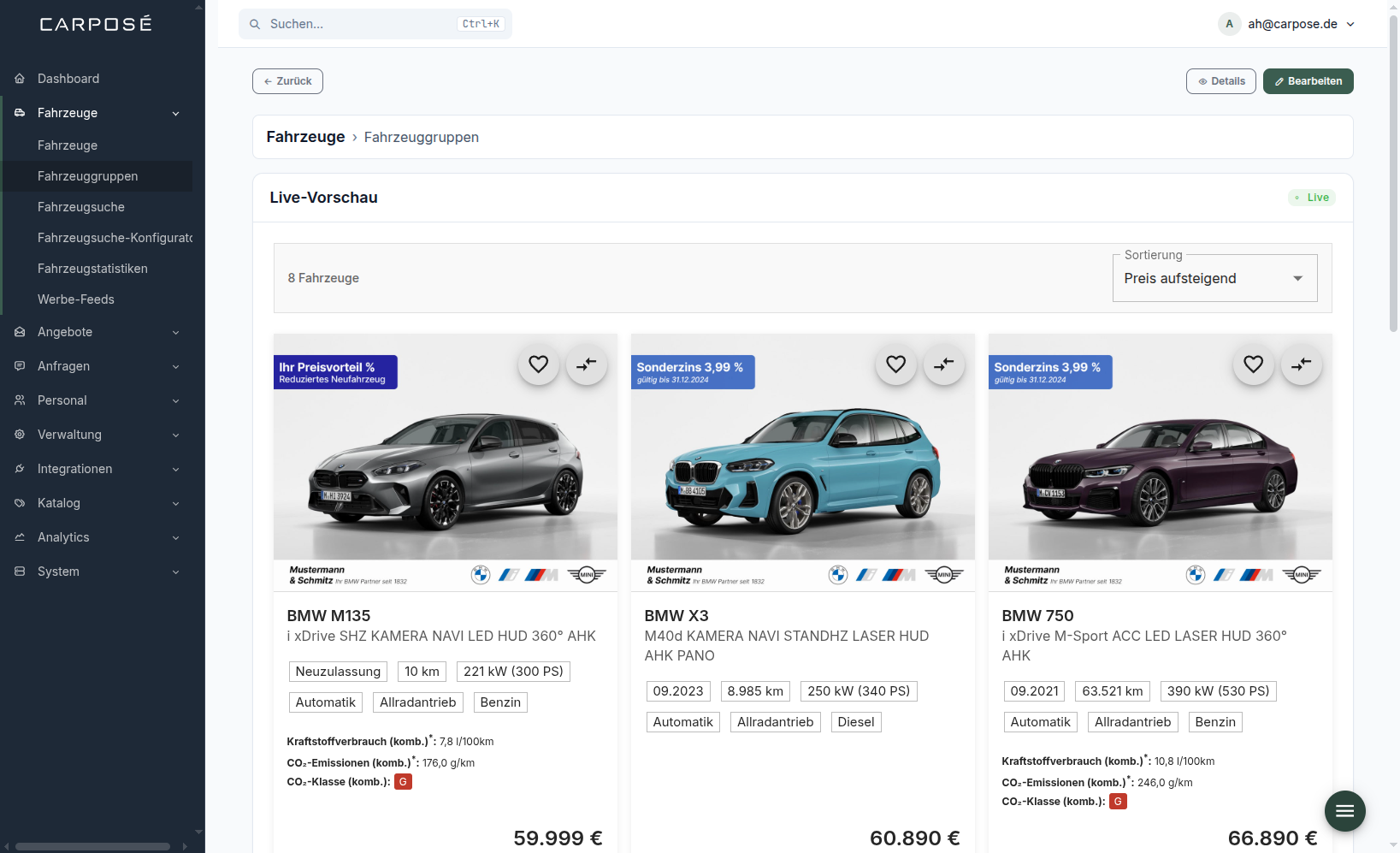 Live-Vorschau einer Fahrzeuggruppe (BMW Aktion)