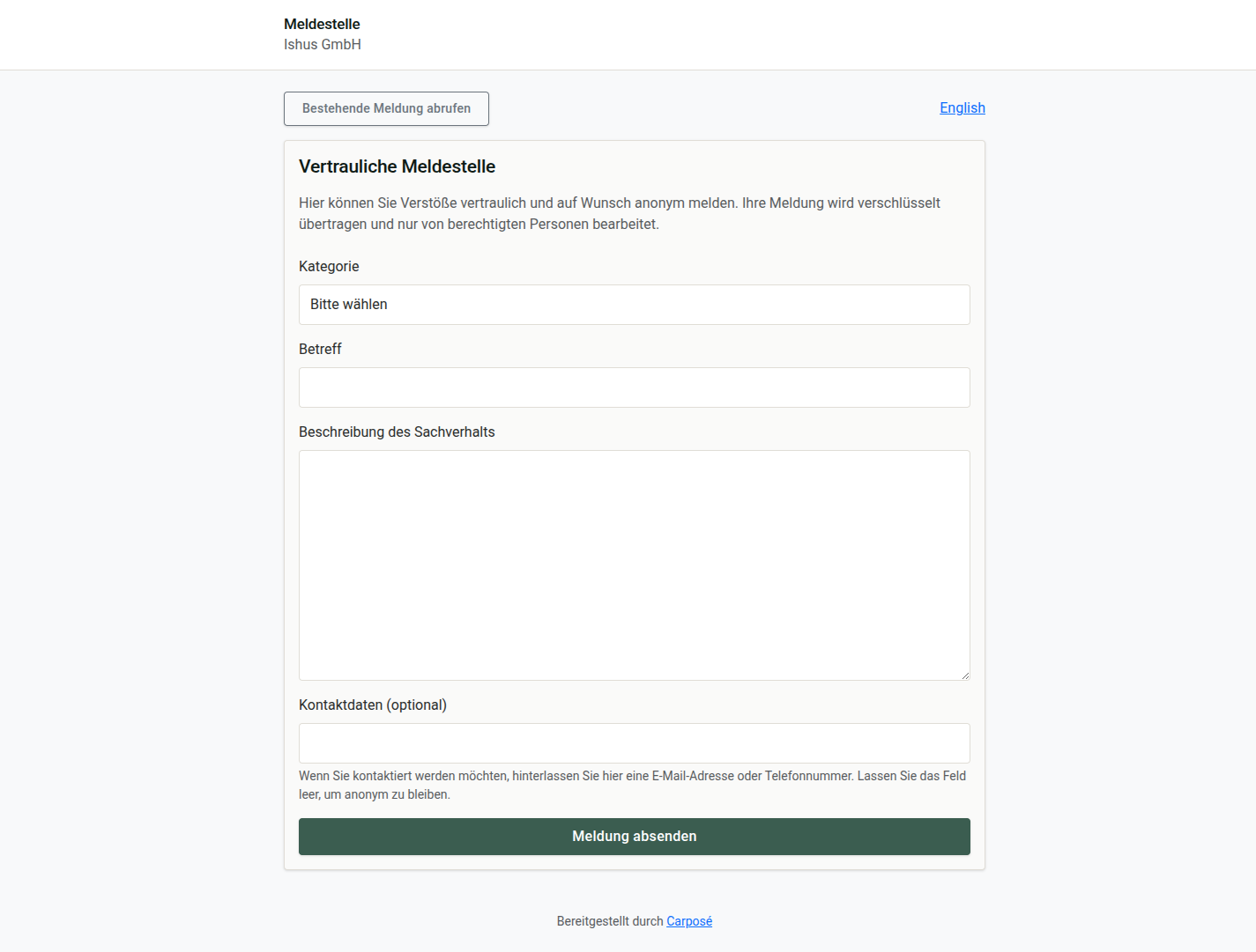 Öffentliches Meldeformular der Meldestelle mit Kategorie, Betreff und Beschreibung