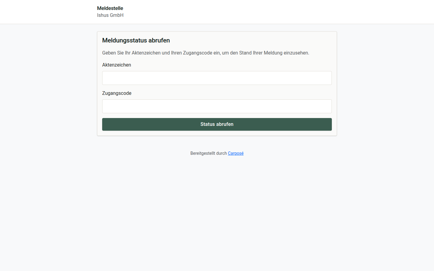 Anmeldung am Status-Portal mit Aktenzeichen und Zugangscode