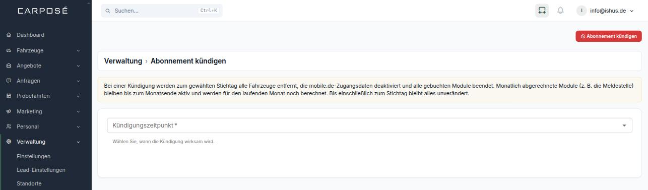 Kündigungsseite mit Hinweis und Auswahl des Kündigungszeitpunkts
